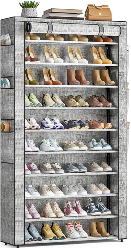 Shoe Rack: 10-Tier Roll-Up Fabric Cover and Side Pockets