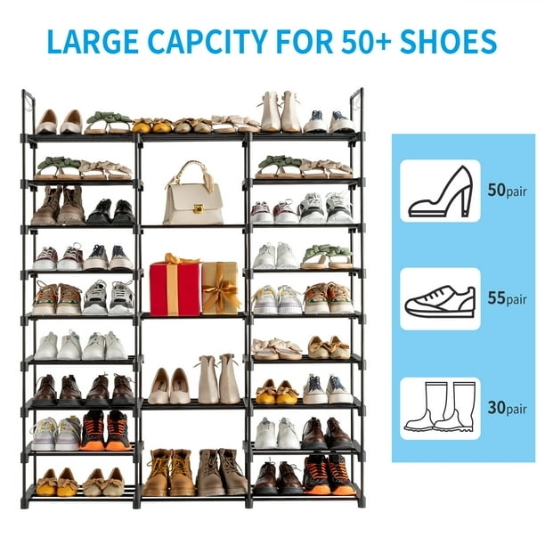 Shoe Rack 50 Pair Plus Capacity Black 9 Tier Large Storage Rack
