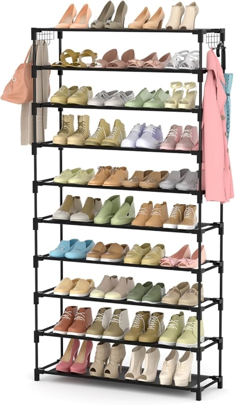 Shoe Rack Black Metal Frame Ten Tier Side Hooks Tall Shoe Storage