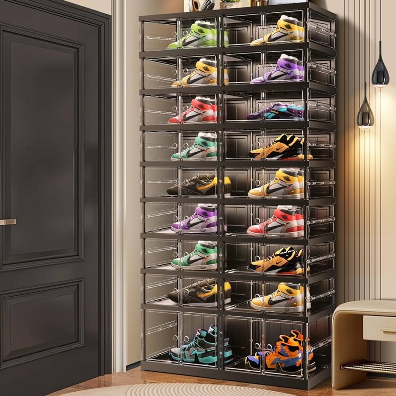 Shoe Rack Black Stackable Clear Doors 9 Tier Sneaker Storage