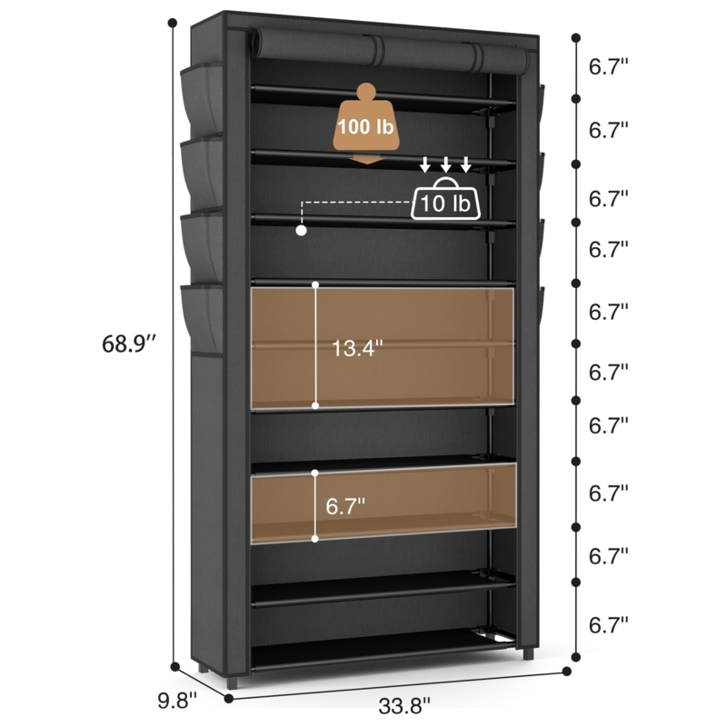 Shoe Rack Covered for Boots Charcoal Gray Fabric Roll Up Cover Side Pockets