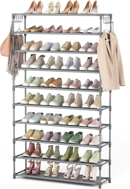 Shoe Rack Grey Ten Tiers Side Accessory Hooks Functional Large Capacity
