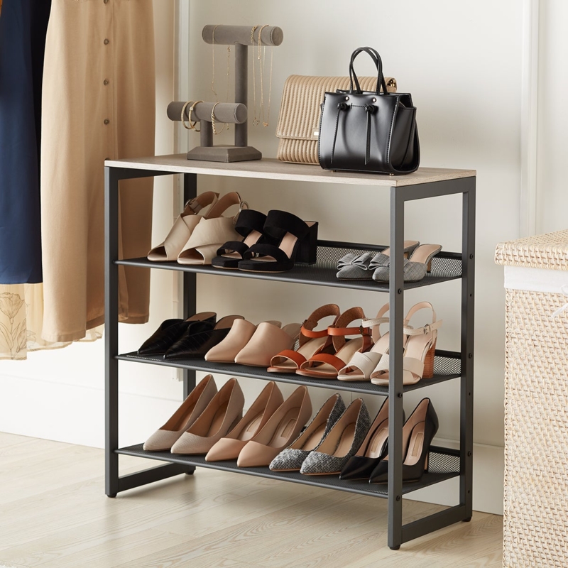Shoe Rack Industrial Black Mesh Tiers Wood Top 3 Level