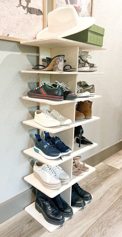 Shoe Rack Light Wood Vertical Tower Staggered Tiers Scandinavian