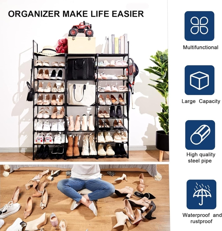 Shoe Rack Metal Boot and Shoe Shelf Matte Black Open Shelving Side Hooks