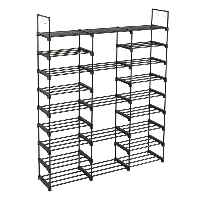 Shoe Rack Nine Tier Patterned Top Surface Black Metal Tower
