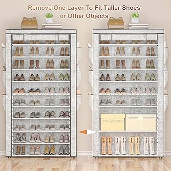 Shoe Rack Removable Shelves Side Pockets Light Gray Adjustable Organizer