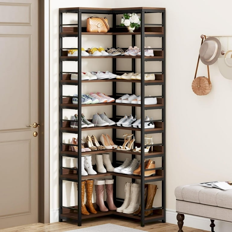 Shoe Rack Rustic Brown Corner 9 Tier Industrial Metal Frame