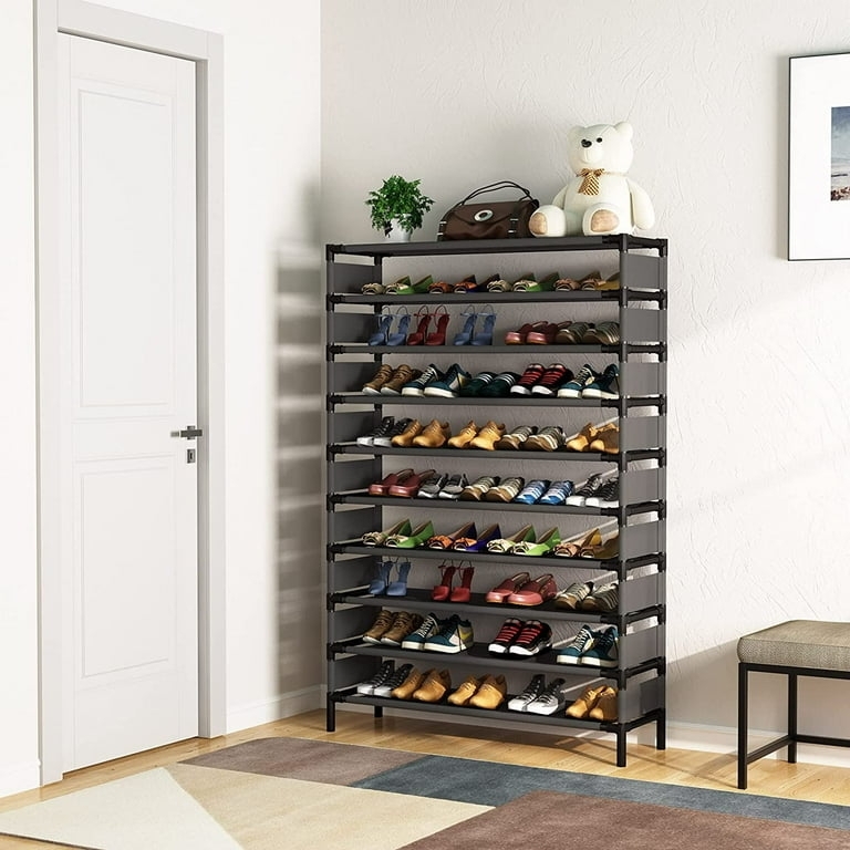 Shoe Rack Stackable Design 10 Tiers Gray Black Vertical Entryway Storage