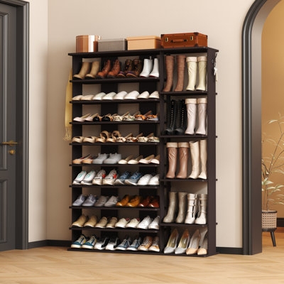 Shoe Rack Vertical Cubby Shelf Dark Brown Wood Toned Tall Boot Sections