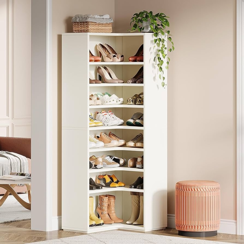 Shoe Rack White Corner Fit 9 Tier Tall With Back Panel