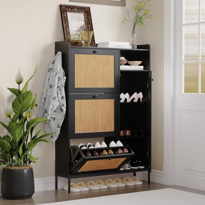Shoe Storage Cabinet: Matte Black with Rattan Flip-Down Drawers