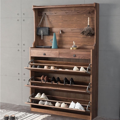 Shoe Storage Cabinet: Walnut-Toned Hall Tree with Tilt-Out Bins