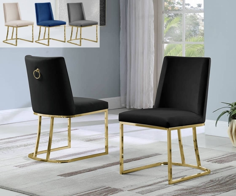 Side Chair Black Velvet Gold Cantilever Base Ring Pull Back Glam
