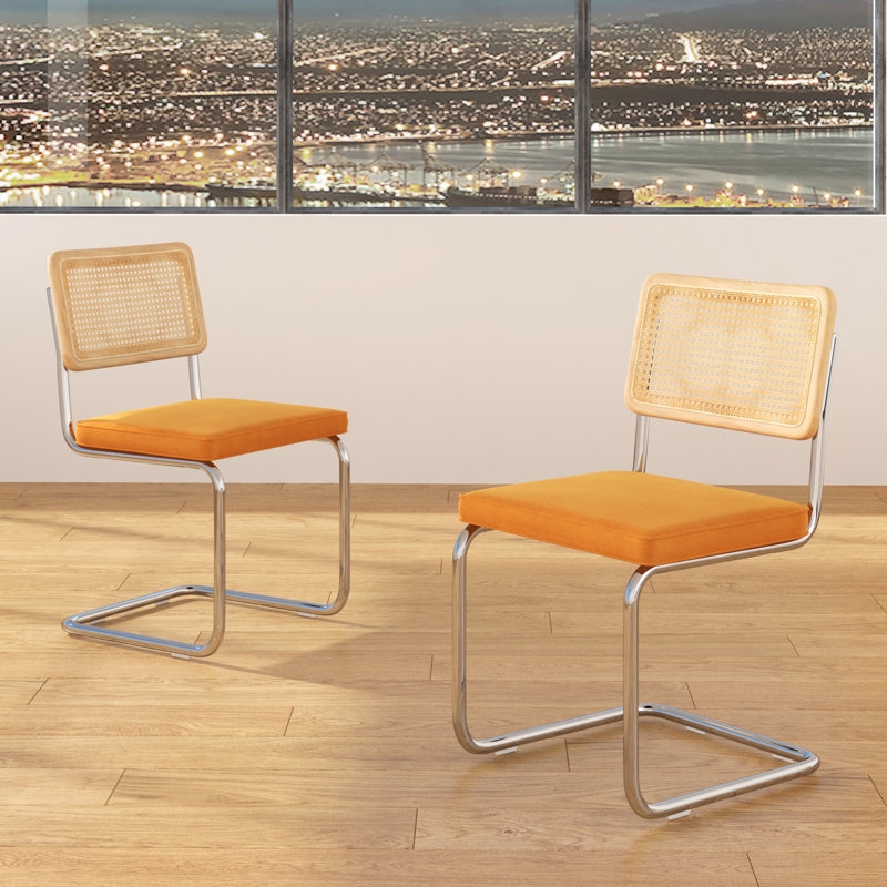 Side Chair Orange Velvet Cane Backrest Cantilever Base Mid-Century