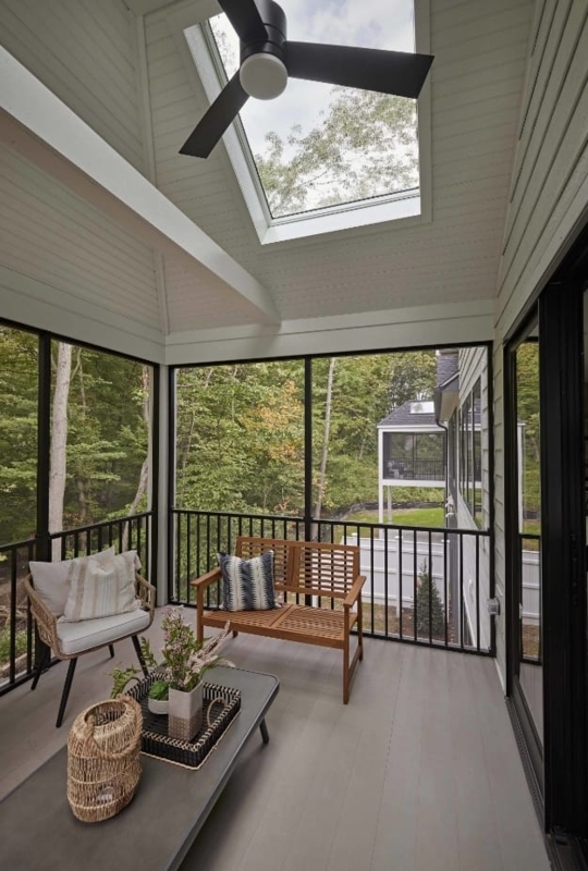 Single Skylight: Vaulted White Wood Ceiling Screened Porch