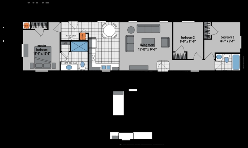 Single Wide Manufactured Home Layout with Central Living Core