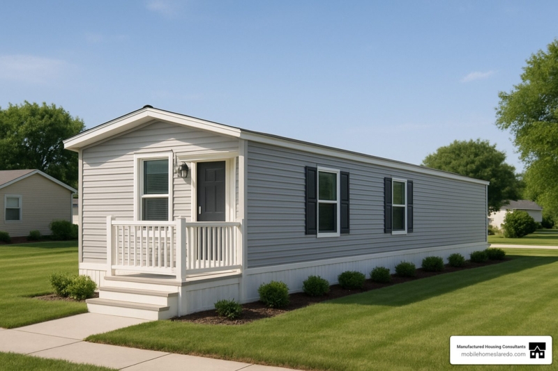 Single-Wide Manufactured Home with Light Gray Siding and White Porch