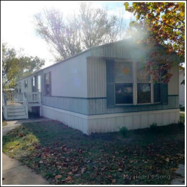 Single-Wide Mobile Home Exterior with Green Shutters and Vertical Siding