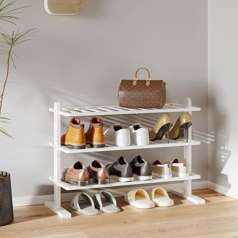 Slatted Wood Toned Shoe Rack with Three Open Tiers