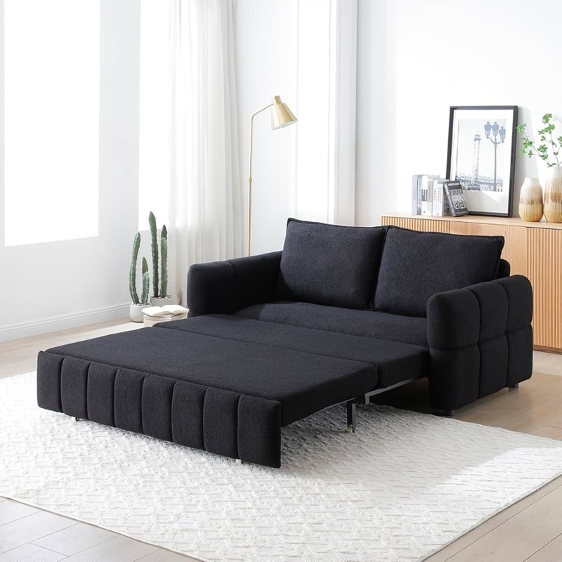 Sleeper Sofa Teddy Fabric Vertical Channel Tufting Pull Out Mechanism