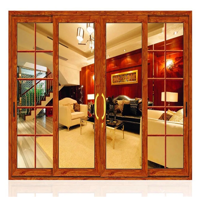 Sliding Door Four-Panel Wood Grain Finish with Gold Curved Handles