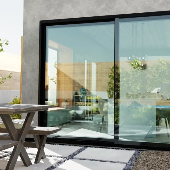 Sliding Glass Door Matte Black Aluminum Floor-to-Ceiling Panoramic View