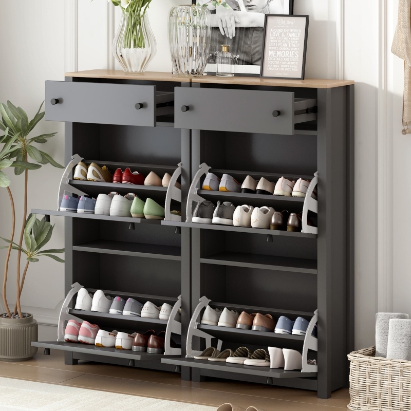 Slim Grey Shoe Cabinet with Wood-Toned Top and Flip-Down Drawers