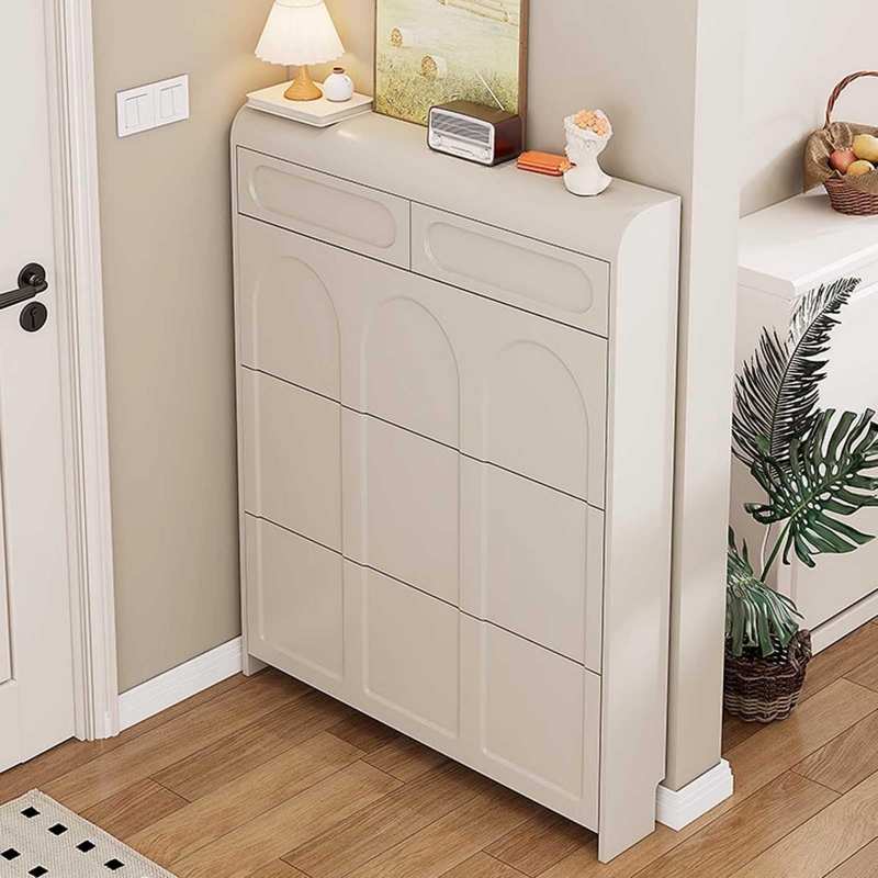Slim Shoe Storage Cabinet with Arched Panels and Handleless Design