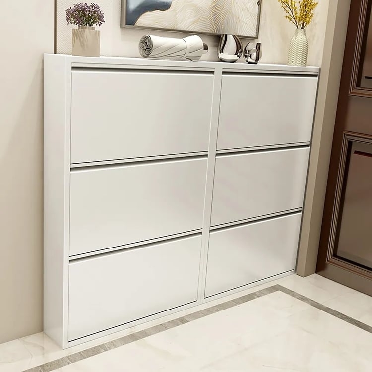 Slim Tilt-Out Shoe Cabinet with Six Compartment Grid