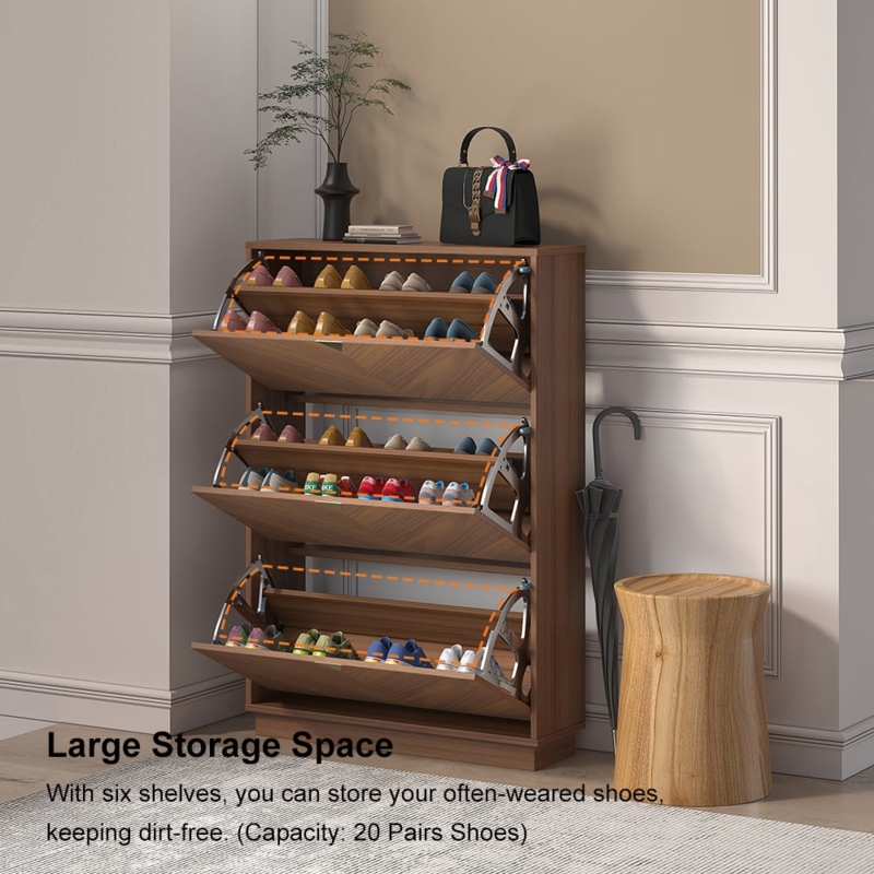 Slim Walnut Shoe Cabinet with Three-Tier Flip-Down Drawers for Entryways
