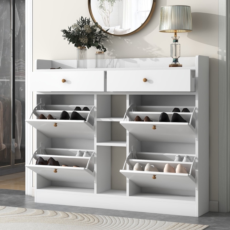 Slim White Shoe Cabinet featuring Four Flip Drawers and Central Shelving