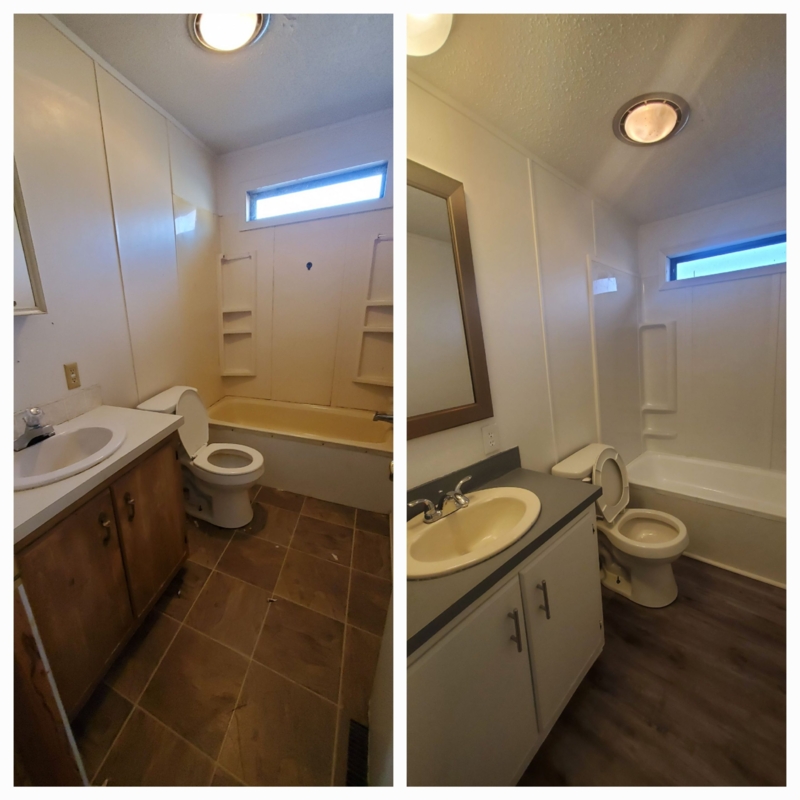 Small Bathroom Remodel White Vanity Gray Wood Look Floors