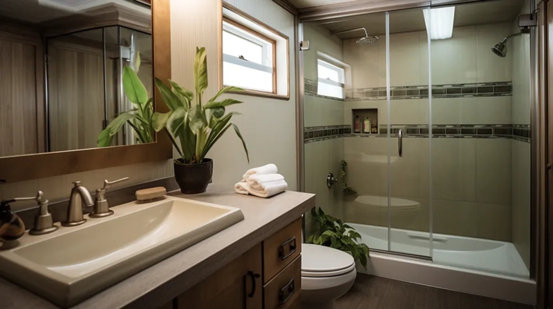 Small Bathroom Remodel with Wood Vanity and Mosaic Shower Tile Accent Band