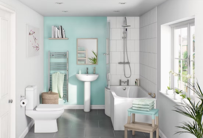 Small Bathroom with Mint Green Accent Wall and Ladder Towel Warmer