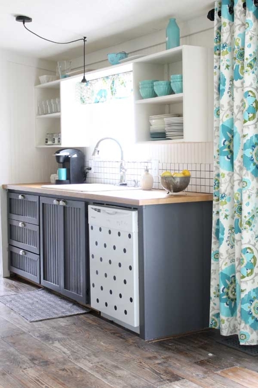 Small Cottage Kitchen Makeover with Polka Dot Dishwasher and Floral Accents