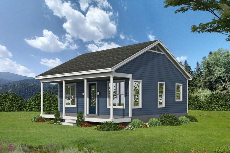Small House Cottage Navy Blue Siding with Full Width Porch Plans