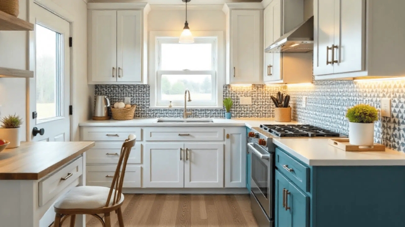 Small Kitchen Two-Tone Cabinets with Patterned Tile Backsplash