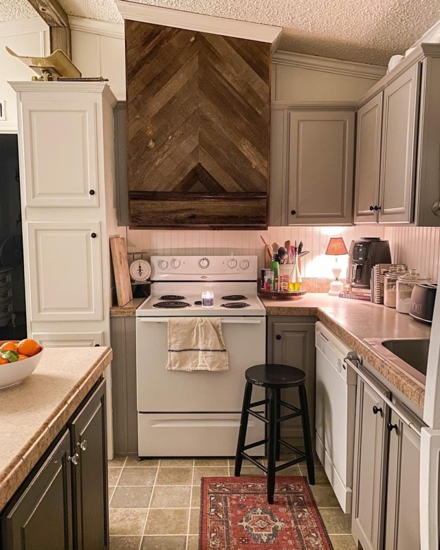 Small Kitchen with Herringbone Wood Hood and Beadboard Backsplash