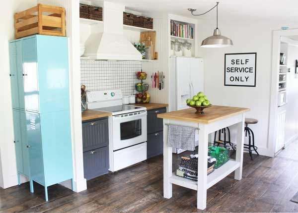 Small Kitchen with Industrial Locker Storage and Dark Gray Cabinets