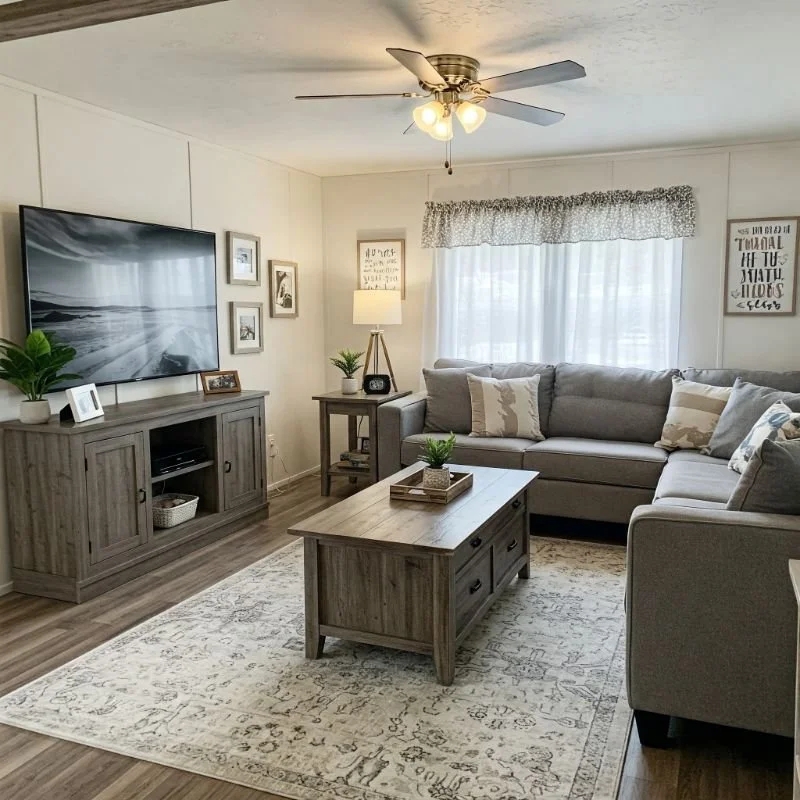 Small Living Room Layout with Grey Sectional and Storage Coffee Table