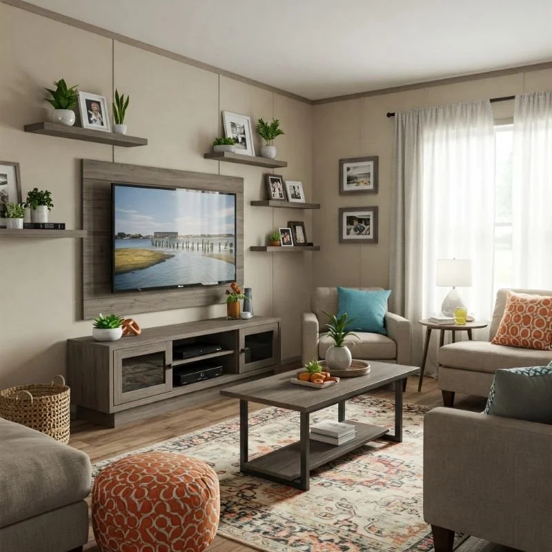 Small Living Room Layout with Weathered Wood and Floating Shelf Gallery