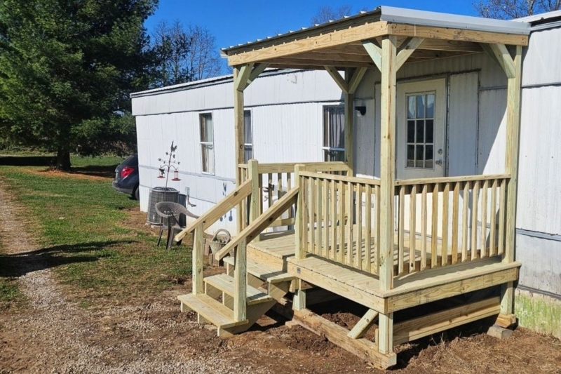 Small Wooden Porch With Corrugated Metal Roof | Functional Entry Structure
