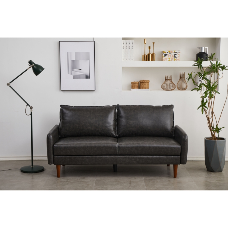 Sofa Charcoal Faux Leather Square Arms Tapered Wood Legs Small Space
