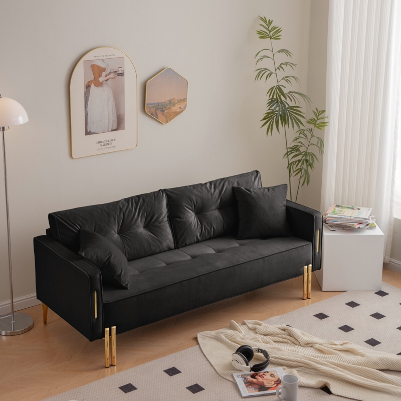 Sofa Gold Tapered Legs Charcoal Velvet Tufted Back Glam Living Room