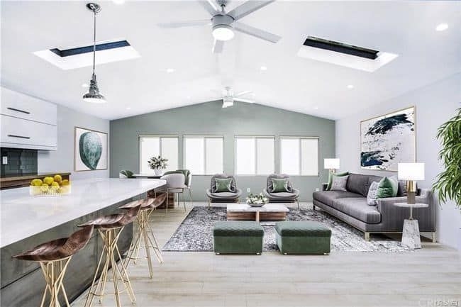Spacious Living Room with Vaulted Ceiling and Dual Skylights