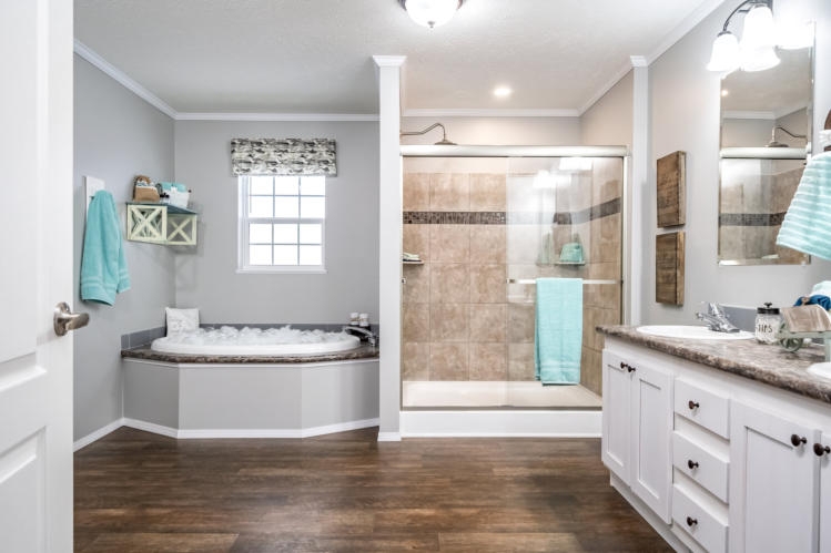 Spacious Master Bathroom Layout with Corner Tub and Shower Combo