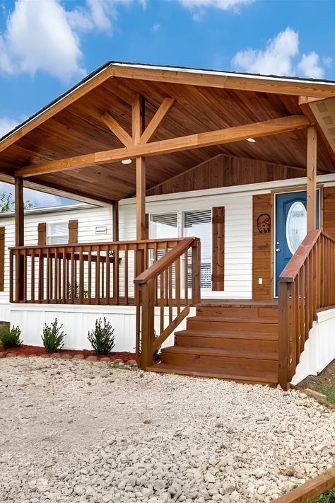 Stained Wood Ceiling Porch with Gabled Roof and Rustic Trusses
