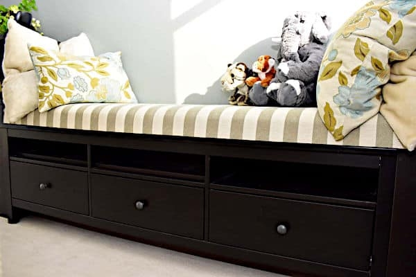 Storage Bench Dark Finish Striped Cushion Three Drawers Transitional