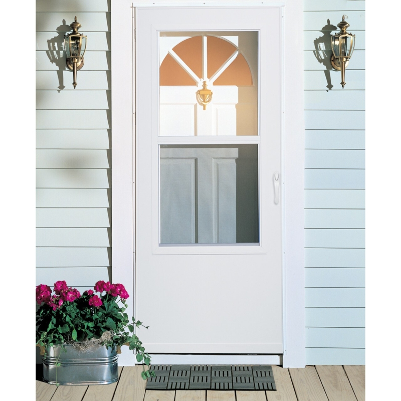 Storm Door with Mid-View Glass, White Finish and Brass Handle